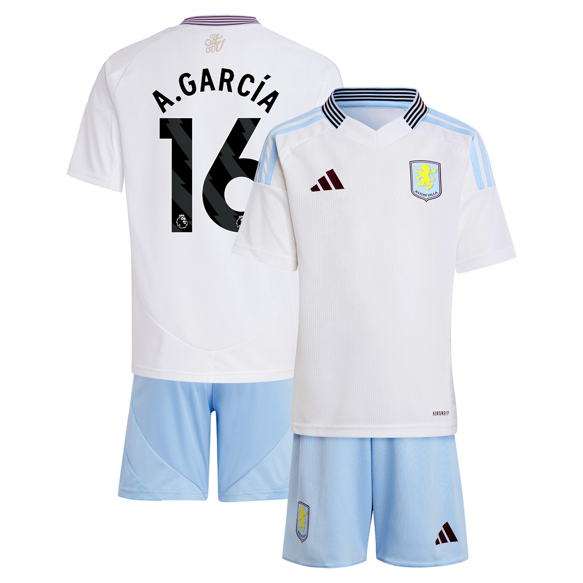 Explore the aston villa adidas away mini kit 2024-25 with a.garcía 16 printing Collection of Aston Villa jerseys. Authentic, high-quality football shirts for every supporter, available worldwide.
