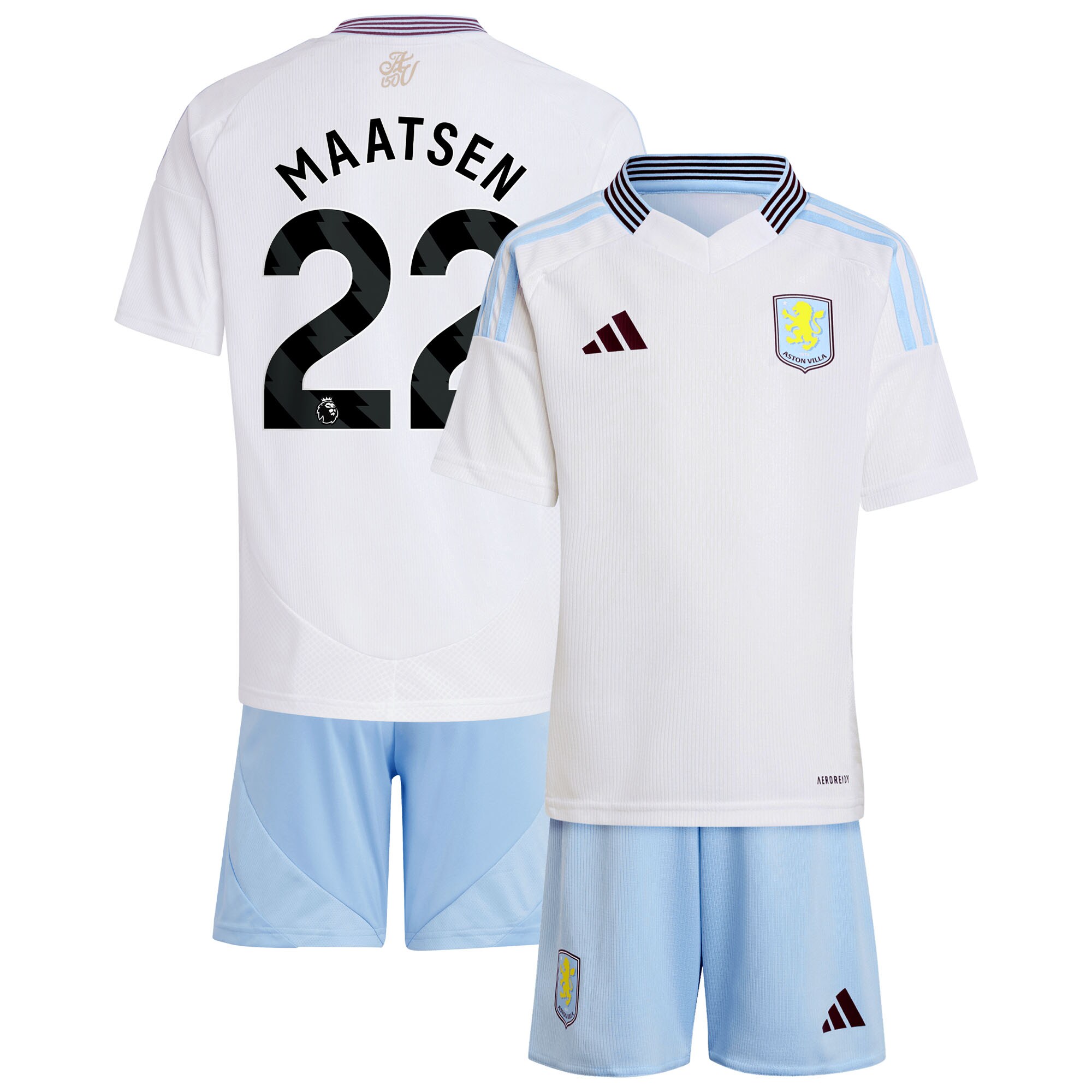 Explore the aston villa adidas away mini kit 2024-25 with maatsen 22 printing Collection of Aston Villa jerseys. Authentic, high-quality football shirts for every supporter, available worldwide.