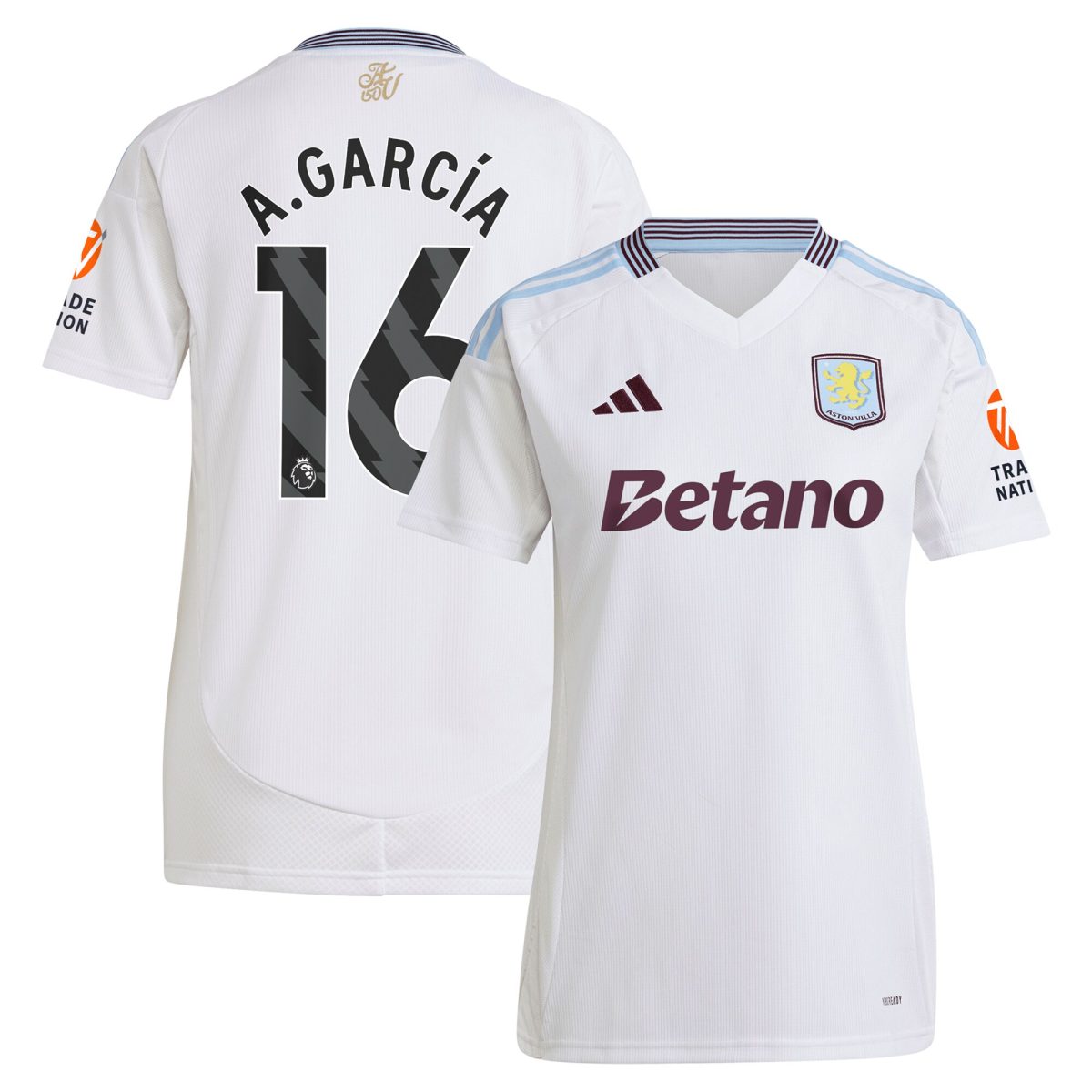 Explore the aston villa adidas away shirt 2024-25 – womens with a.garcía 16 printing Collection of Aston Villa jerseys. Authentic, high-quality football shirts for every supporter, available worldwide.