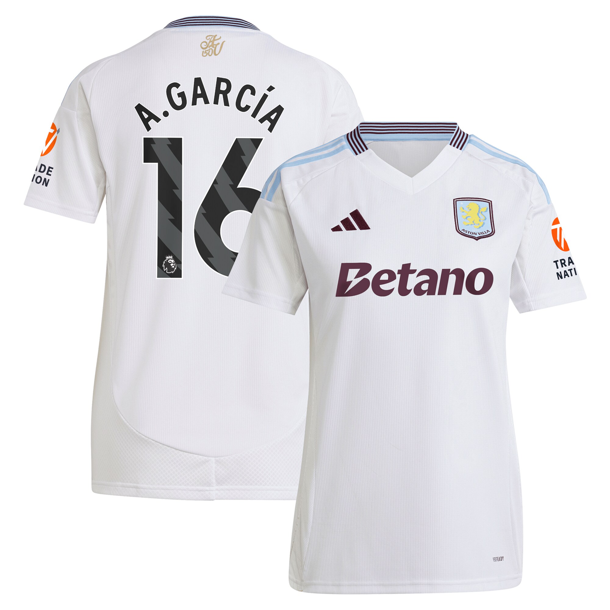 Explore the aston villa adidas away shirt 2024-25 – womens with a.garcía 16 printing Collection of Aston Villa jerseys. Authentic, high-quality football shirts for every supporter, available worldwide.