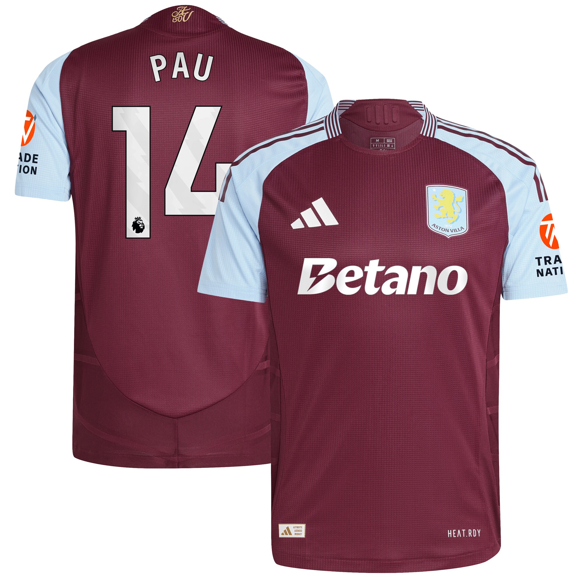 Explore the aston villa adidas home authentic shirt 2024-25 with pau 14 printing Collection of Aston Villa jerseys. Authentic, high-quality football shirts for every supporter, available worldwide.