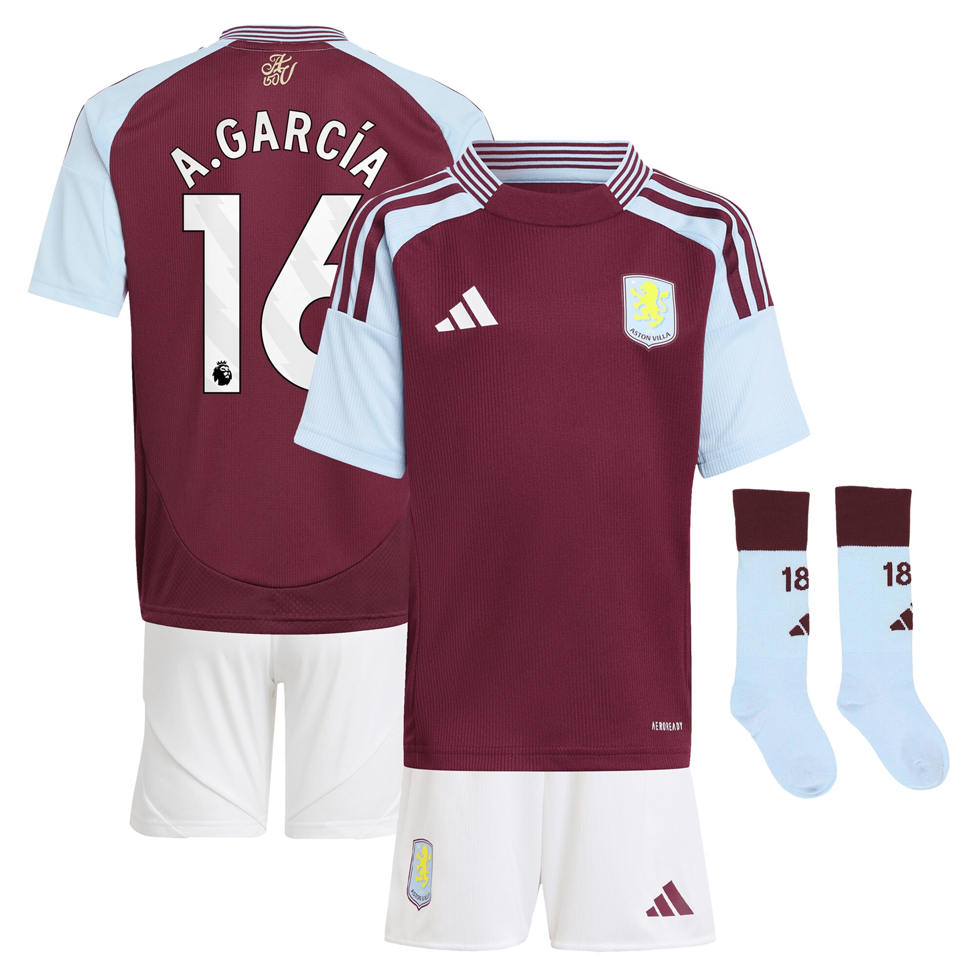 Explore the aston villa adidas home mini kit 2024-25 with a.garcía 16 printing Collection of Aston Villa jerseys. Authentic, high-quality football shirts for every supporter, available worldwide.