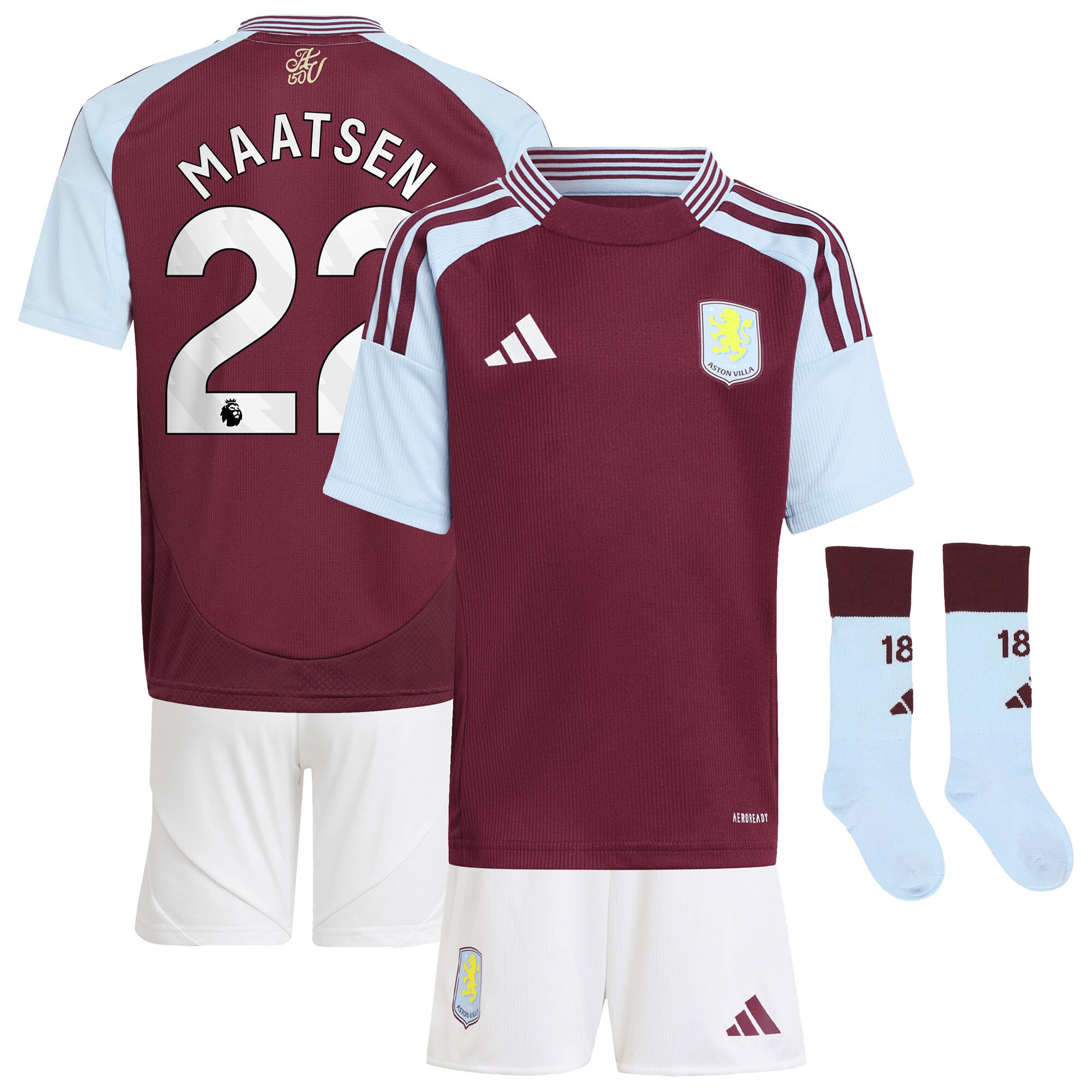 Explore the aston villa adidas home mini kit 2024-25 with maatsen 22 printing Collection of Aston Villa jerseys. Authentic, high-quality football shirts for every supporter, available worldwide.