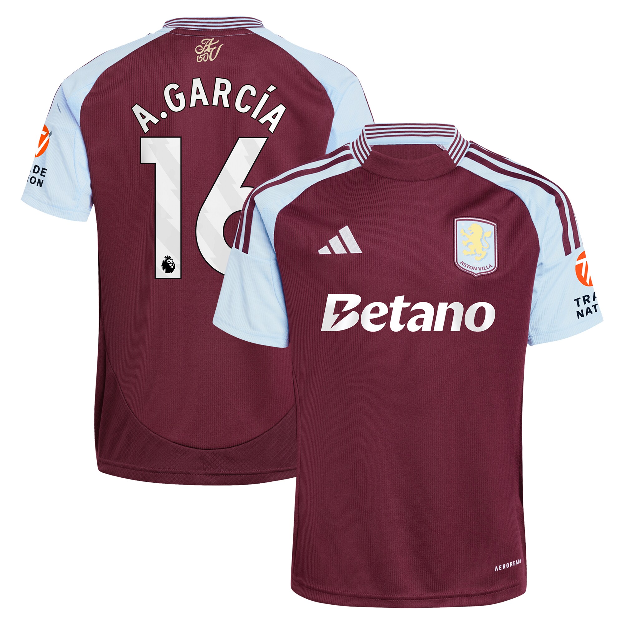 Explore the aston villa adidas home shirt 2024-25 with a.garcía 16 printing Collection of Aston Villa jerseys. Authentic, high-quality football shirts for every supporter, available worldwide.