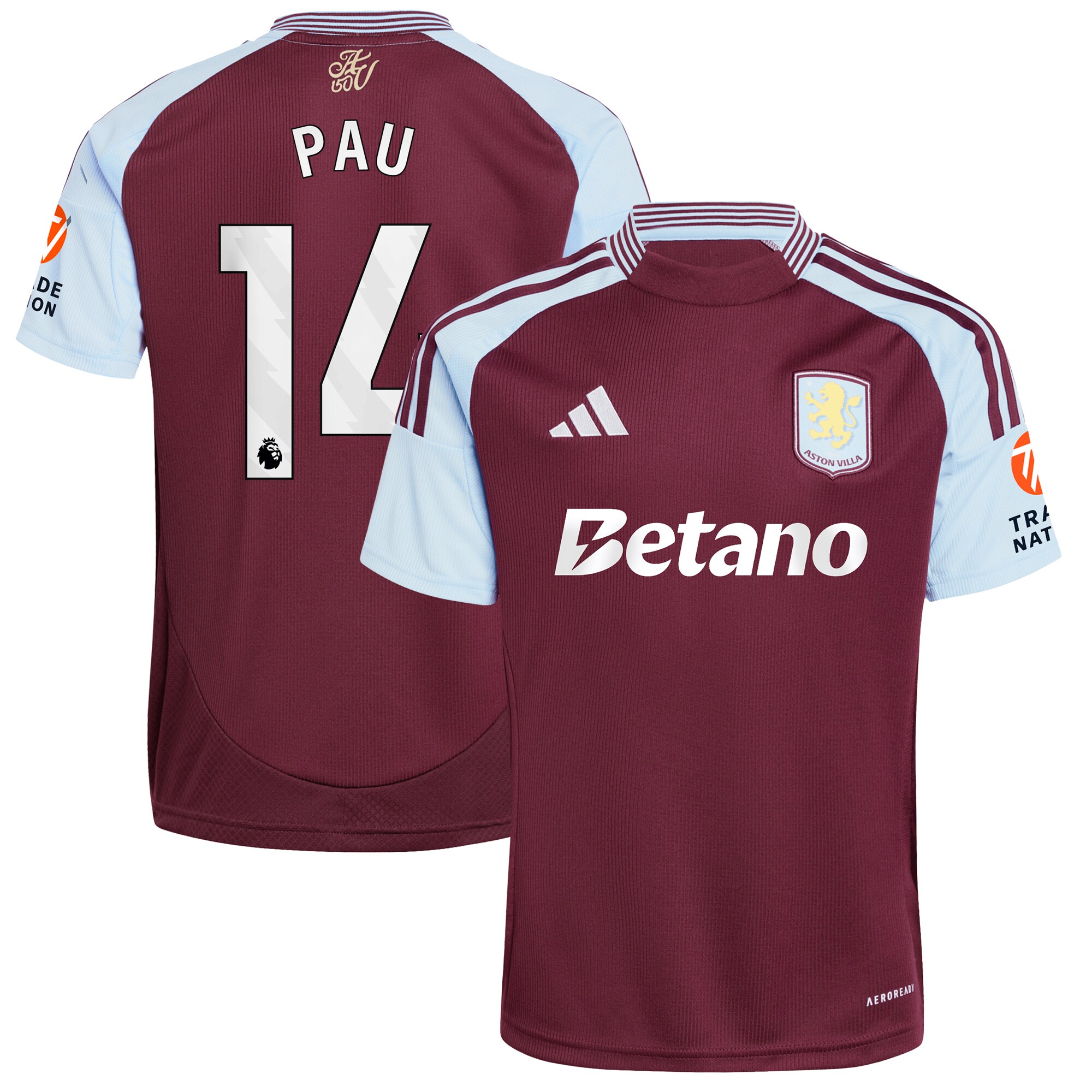 Explore the aston villa adidas home shirt 2024-25 with pau 14 printing Collection of Aston Villa jerseys. Authentic, high-quality football shirts for every supporter, available worldwide.
