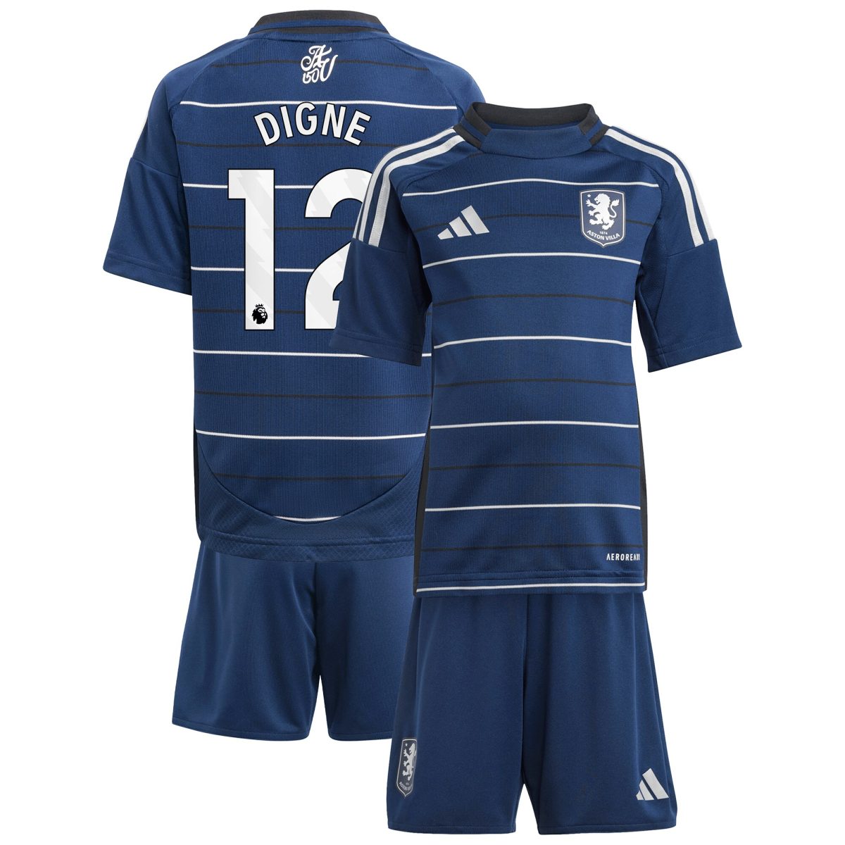 Explore the aston villa adidas third minikit 2024-25 with digne 12 printing Collection of Aston Villa jerseys. Authentic, high-quality football shirts for every supporter, available worldwide.