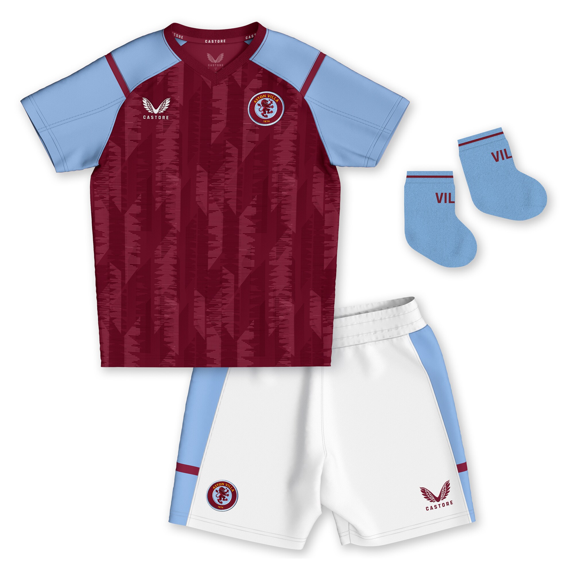 Explore the aston villa castore home baby kit 2023-24 with custom printing Collection of Aston Villa jerseys. Authentic, high-quality football shirts for every supporter, available worldwide.