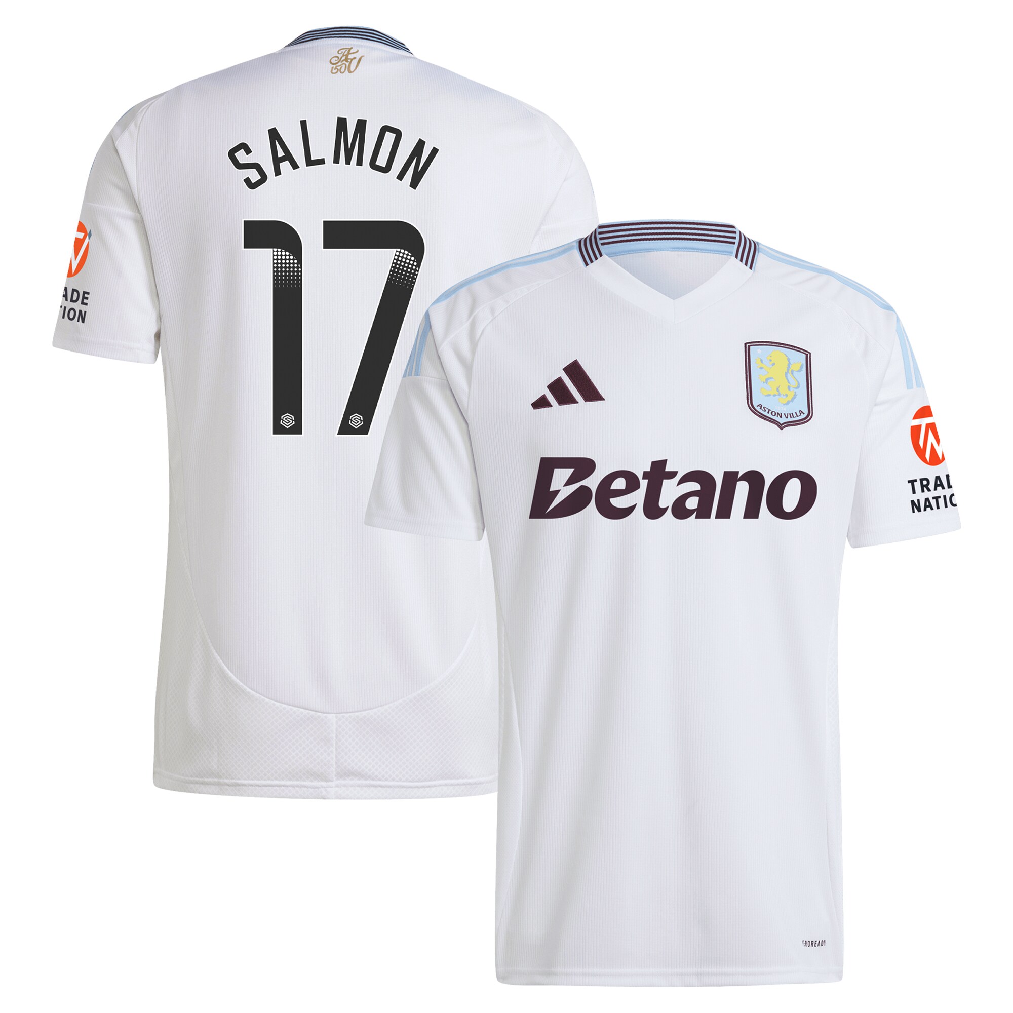 Explore the aston villa wsl adidas away shirt 2024-25 with salmon 17 printing Collection of Aston Villa jerseys. Authentic, high-quality football shirts for every supporter, available worldwide.